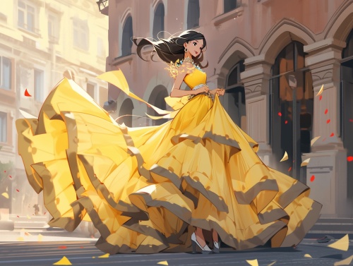 古代 古风 绝色美女穿着明黄色衣裙，黑色头发，尊贵无比，巧笑倩兮。背景在空旷的大街上。