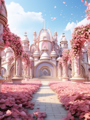 The rose in the pink garden with cartoon style, immersive environment style, multi-layer narrative scenes, fairy tale inspiration, ample lighting,Baroque luxury, sunlight shining on it, concept installation