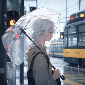 下雨天，男性乘客在公交车站等待撑伞
