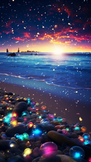 Under the starry sky, a fantastic rainbow covers the beach, with many colorful roses and glowing crystal pebbles on the beach. Starlight, meteor, silver crescent moon and Milky Way starlight scattered on the beach, luminous creatures, fluorescent, golden, colorful, dreamy, super wide-angle light, unreal engine, 4K HD