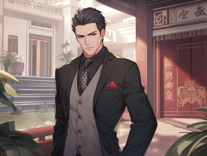 中国英俊总裁穿真丝家居服的现代高级别墅背景