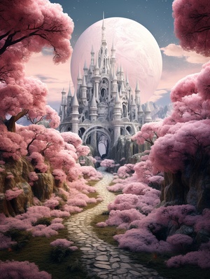 Pink forest and white castle, a hyper - detailed C4D render, spiral ring the composition, Disney，surrealism, surreal concept art, digital painting, complex, aesthetic, smooth, sharp focus, artstation hd, by greg rutkowski, bruce pennington, valentina remenar and asher duran, virtual engine