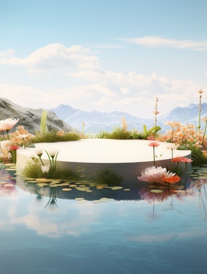 Lake,Water Ripple, Flat Cylindrical Countertop, Clean Countertop, Surrounded by Flowers, Gradient Background, Minimalist, Premium, Atmospheric, Scenic Design, C4D,3D Modeling, OC Rendering, Centered Composition, Low Angle Shot, Ultra Wide Angle