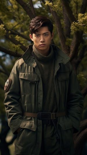一个亚洲年青男子、短头发、穿着冬天棉服绿色中长款军大衣，半身照，双手插兜里，站在树下。顶级摄影师作品