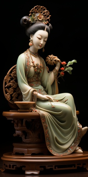 古代仕女手握玉扇，坐在雕花椅上
