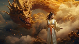 中国仙侠类，绝美国风女子虚空站立，女子身后一金龙在云层中遨游
