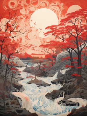 冬天，冒着热气的小河，河边成片挂满雾凇的树，一轮正午的红太阳，蓝蓝的天空飘着白云
