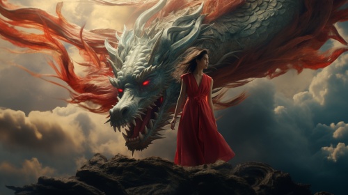 中国仙侠类，绝美国风女子虚空站立，女子身后一红龙在云层中遨游