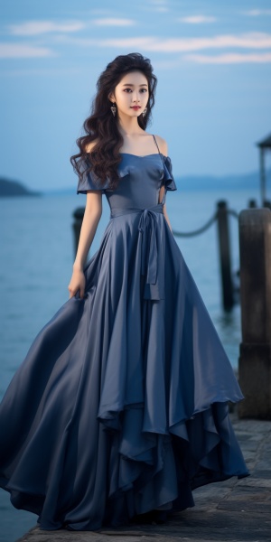 中国美女穿淡蓝色海军风衣裙站在大海边