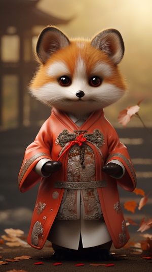可爱小狐狸，拟人的手法，站立，穿着中国传统服饰的小狐狸，正脸，可爱，大眼睛，圆嘟嘟，摄影，写实
