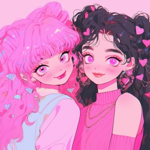 甜蜜粉色的两个开心女生