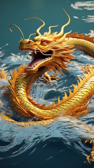 CG animation of a golden Chinese dragon swimming on the lake, the dragon is large and long, an ancient Chinese woman in a flowing costume of red silk forms a circle of ripples on the water, from the perspective of the drone, minimalism, strong sense of loneliness, master photography, blue lake water, the world of Chinese martial arts, Chinese mythological scenes, bright colors, sunlight, lake, fear of heights, chiaroscuro, backlight and motion lines, textured skin, HD Detail, Ultra Detail, Ultra High Defini