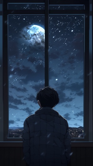 漆黑的月小男孩看着窗外睡不着，满天繁星，点点飞雪，飘落到脸