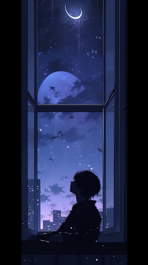 漆黑月下，小男孩望着窗外的繁星点点