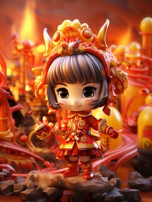 ip design, Popmart style, blind box toys, super cute girl dragon dance, head wearing dragon horn, New Year, dragon, fire, 3d, cute, best picture quality, official art, 8k wallpaper, high details, rich details, New Year \(guochao\), Spring Festival, 3d rendering, 8k, super details, front view ar 3:4 v 6