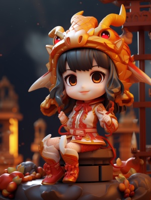 ip design, Popmart style, blind box toys, super cute girl dragon dance, head wearing dragon horn, New Year, dragon, fire, 3d, cute, best picture quality, official art, 8k wallpaper, high details, rich details, New Year \(guochao\), Spring Festival, 3d rendering, 8k, super details, front view ar 3:4 v 6