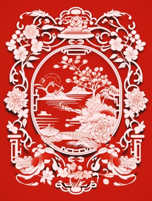 红色中国传统剪纸画