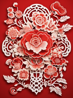 红色中国传红色中国传统简指红色中国传统剪纸风格，过新年喜气洋洋氛围，红白底剪纸画