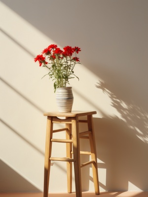 一把木椅上摆放了一个小花盆，花盆里有两朵红色的小花，从椅的侧面高清摄影，有光影在奶黄白色墙面上，与之对比。