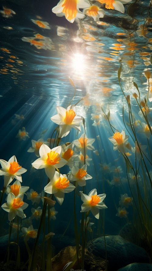 当阳光透过水面洒下，光与水上演一场绝妙的表演，🌟水下摄影的水仙花在光线下绽放出绚丽的色彩，水下摄影视角