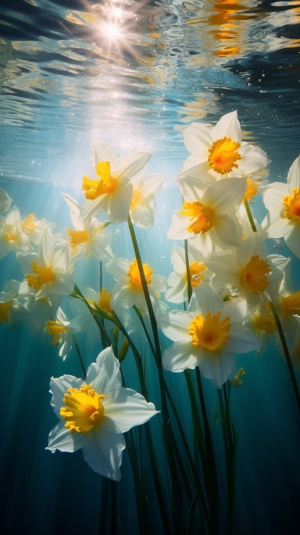 当阳光透过水面洒下，光与水上演一场绝妙的表演，🌟水下摄影的水仙花在光线下绽放出绚丽的色彩，水下摄影视角