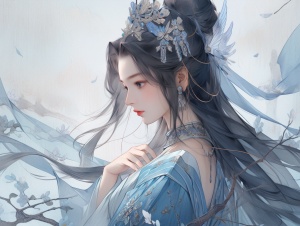 一名女子，长相秀丽，大气优雅，身穿中国古代传统服饰，蓝衣华丽，上面有金丝花纹，发冠华丽，秀发及腰，全身透着清冷高贵，带着威仪