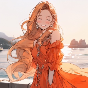 橙色衣服橙色长发海边笑容明媚