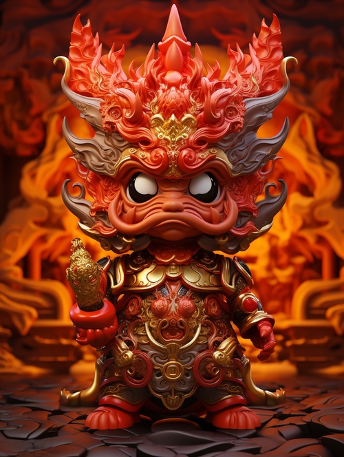 ip design, Popmart style, blind box toys, God of Wealth head wearing dragon horns, send gold coins, red envelopes, New Year, dragon, fire, 3d, cute, best picture quality, official art, 8k wallpaper, high details, rich details, New Year, Spring Festival, 3d rendering, 8k, super details, front view 3:4v 6