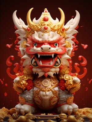 ip design, Popmart style, blind box toys, God of Wealth head wearing dragon horns, send gold coins, red envelopes, New Year, dragon, fire, 3d, cute, best picture quality, official art, 8k wallpaper, high details, rich details, New Year, Spring Festival, 3d rendering, 8k, super details, front view 3:4v 6