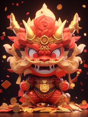ip design, Popmart style, blind box toys, God of Wealth head wearing dragon horns, send gold coins, red envelopes, New Year, dragon, fire, 3d, cute, best picture quality, official art, 8k wallpaper, high details, rich details, New Year, Spring Festival, 3d rendering, 8k, super details, front view