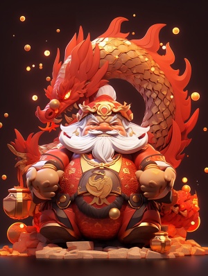 ip design, Popmart style, blind box toys, God of Wealth head wearing dragon horns, send gold coins, red envelopes, New Year, dragon, fire, 3d, cute, best picture quality, official art, 8k wallpaper, high details, rich details, New Year, Spring Festival, 3d rendering, 8k, super details, front view