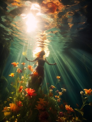 当阳光透过水面洒下，光与水上演一场绝妙的表演，🌟水下摄影的花朵在光线下绽放出绚丽的色彩，一位美人鱼在水中游泳，水下摄影视角
