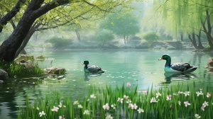 塘边翠柳映春绿，水中鸭子报春到，中远景。俯视，精细写真，自然光，16k，Ⅴ○