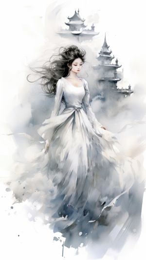 逃跑公主，城堡背景，羽毛白色长裙，凌乱卷发发型，造型别致，仙气飘飘