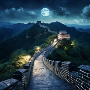 一轮明亮的月亮照耀在中国长城的上空