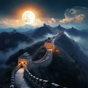 中国长城上空的明亮月光
