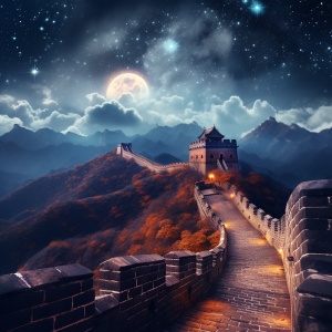 中国长城上空的明亮月光