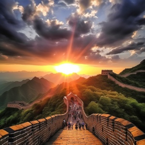 现场写真：太阳，月亮照耀在中国雄伟的长城上空，一只洁白的鸽子在飞翔，气旋云，彩虹云成十字交叉，震惊、震慑、震憾人心，一拍繁荣景象，斯皮尔伯格电影大片风格和效果
