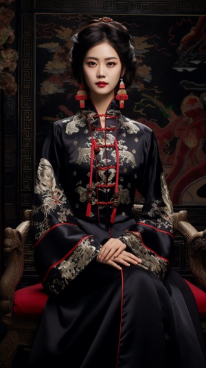 简单背景,五官精致的中国女子展示的是一件中国风上衣外套,黑色,长袖,袖口处有拼接布,荷花暗纹图案,高级的缎面面料,有暗纹,漂亮的盘扣,流苏装饰,垂直流畅,非常高级精美有质感,非常奢华高贵,高贵奢华,真实高清 v 5.2 ar 9:16