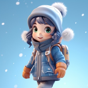 一个穿着蓝色羽绒服，戴着蓝灰色帽子，围巾的可爱的中国女孩，在雪地里微笑着，正面视角，细节丰富，清晰可 鲜明的色彩，活跃的光线，可爱梦幻，粘土，三维模型，0C渲染，Chibi风格，popmart，迪士尼风格