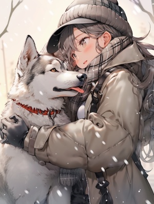清冷美男抱着娇俏少女，身旁跟着一条麻灰色的狼狗