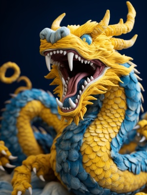 Blue and Gold Chinese Dragon Figure with Realistic Wool Texture