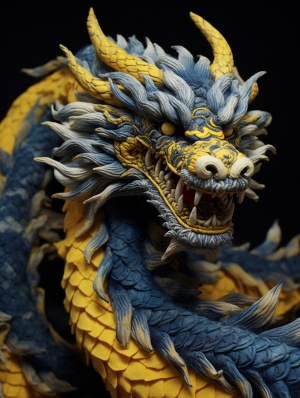 Blue and Gold Chinese Dragon Figure with Realistic Wool Texture