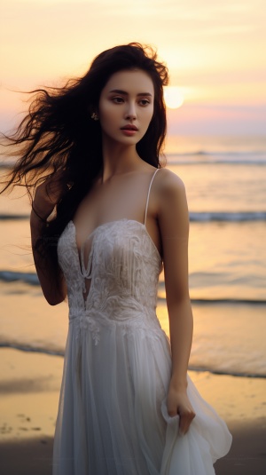 美丽逼真的新娘场景，精致的脸 黝黑长发，黑亮的双眼，夕阳下 沙滩上穿着白色的长裙，电影般的色彩，中景，全身，微笑 8k质感电影灯光,