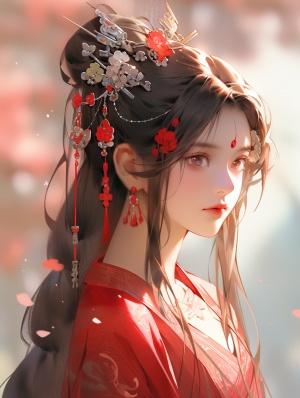 中国古代明代风格，一个张扬明媚的女孩若有所思的看向远方 中景唯美风格，着红色的华服，盘发戴头饰，超高清画质
