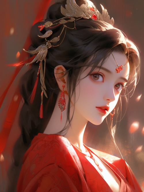 中国古代明代风格，一个张扬明媚的女孩若有所思的看向远方 中景唯美风格，着红色的华服，盘发戴头饰，超高清画质