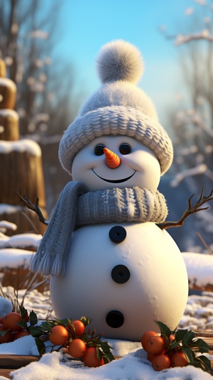 在寒冷的大山脚下，有一个雪人，雪人的眼睛是核桃做的，鼻子是胡萝卜做的，头上戴了一顶毛绒绒的帽子，非常漂亮