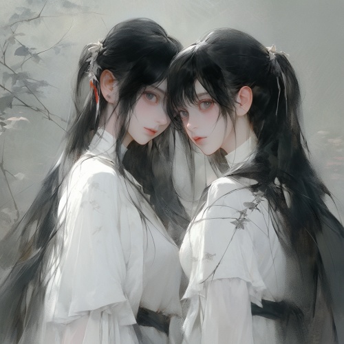 两个女孩，大大的眼睛，长长的睫毛，半身，相互依靠，黑色长发，白色连衣裙，