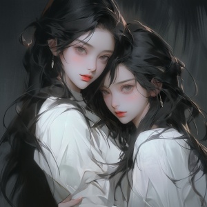 两个女孩，大大的眼睛，长长的睫毛，半身，相互依靠，黑色长发，白色连衣裙，