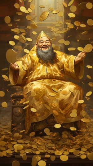 中国骁龙财神爷，围绕在一片璀璨的金币之中，服饰高贵华丽，手捧无数金币，笑容满面，金钱雨在他身边不断飞舞，幸福与财富气息弥漫在周围。